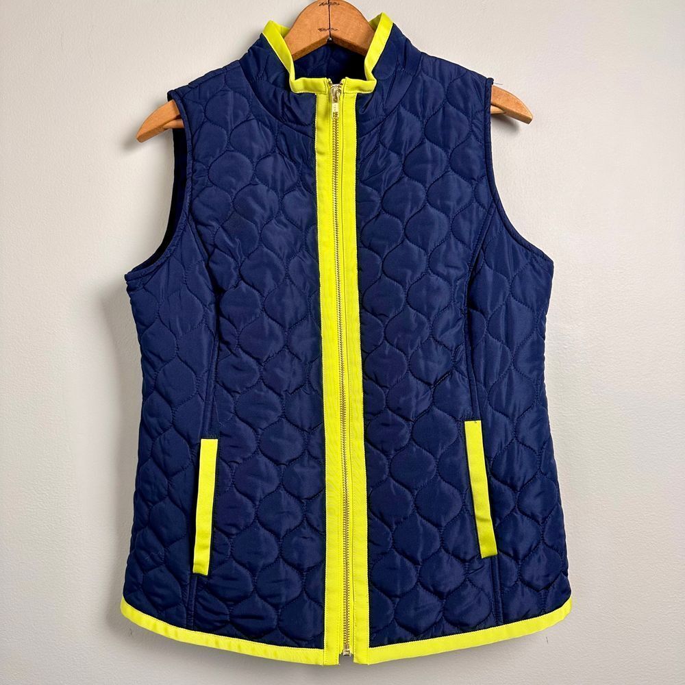 Crown & Ivy Women Medium Navy Quilted Vest Neon Yellow Trim Pockets Outdoor